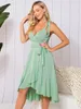 Casual Dresses Solid Color Surplice Plunge Midi Dress Bowknot slips axel bälte överlappar floune hög midja vestido feminino