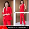 Kvinnors tvåstycksbyxor 2023 Kvinnor Formella 3 stycken Set Red Blue Black Office Ladies Long Sleeve for Business Work Career Wear Blazer Vest