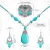 Necklace Earrings Set 4 Pieces Bohemian Turquoise Pendant For Women Dangle Stretchable Bracelet Statement Gift