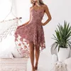 Casual Kleider 2023 Sommer Mädchen Short Front Long Back Blumenstickerei Kleid V-Ausschnitt Elegante Rosa Spitze Frauen Party