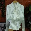 Women's Blouses Woman Solid Imitation Silk Fashion Elegant Blouse vrouwelijke lange mouw shirt kantoor dames sjaal kraag losse casual tops g314