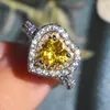 Cluster Rings 925 Silver Luxury Yellow Zircon Heart Open Ring Double Micro Setting Super Shiny Bright Engagement Ladies