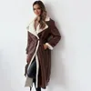 Jaqueta longa de couro de pele feminina, cinto de lã de cordeiro, manga comprida, gola aberta, bolso, casaco feminino, outono inverno, sobretudo feminino