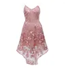 Casual Dresses 2023 Summer Girl Short Front Long Back Flower Brodery Dress V-Neck Elegant Pink Lace Women Party