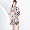 Abiti casual Runway Holiday Flower Mini Dress 2024 Colletto alla coreana delle nuove donne Manica lunga a lanterna Cintura con stampa floreale Dolce A Line Vestidos