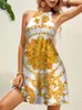 Casual Dresses Summer Mini Halter Dress Golden Pattern Womens Off Shoulder Tie Back Sleeveless Sexy Party Beach Sundress Vestidos 230418
