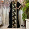 Ethnic Clothing Arrival African Embroidery Flower Dresse With Scarf Big Size Women Muslim Sequin Embroidery Long Black Lady Clothes 230417