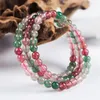 Strand Natural Red Green Strawberry Quartz Crystal Round Beads Stretch Charm Three Times Bracelet 6mm