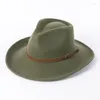 Berets Felt Fedora Hat For Women And Men Classic Vintage Wide Brim Winter Panama With Belt-Buckle Black Coffee Green Color