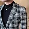 Herrenanzüge 2023 Markenkleidung Smoking Herren Hochwertige Slim Fit Plaid Business Blazer / Herren Freizeit Mode Baumwolle Leinen Anzug Jacken S-4XL