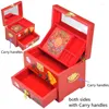 Jewelry Pouches Handle Wedding Sliding Drawer Box With Lock Wooden 3 Layer Lacquerware Vintage Chinese Decorative Storage Cases Gifts