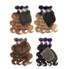 Hår wefts 3 buntar med stängning transparent spets 200g set body wave svartbrun blond ombre remy mänsklig vävförlängning mogul 230417