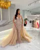 Champagne Overskirts pearls sequins beading formal prom party gowns dresses for special ocns sweep detachable train evening gown