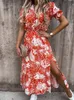 Casual Dresses Y2K Sexy Floral Print Women V Neck Side Slit Elegant Long Spring Loose Boho Holiday Beach Vestidos 230418