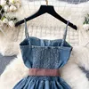 Casual Dresses Fashion Streetwear Denim Dress Spaghetti Strap Cross Lace Up Bow Belt Zipper Pleated Women American Vintage Mini Dress 2024