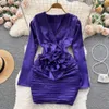 Casual DressesSpring Celebrity Dress Women V-neck Three-dimensional Flower Pleated Hip Long Sleeve Sexy Satin Mini Dresses vestido 2024