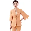 Damen zweiteilige Hose Elegante Frauen Orang Weiß Hosenanzug 2 Blazer Set Halbarm Jacke und Hose für Büro Damen Frühling Sommer Arbeit