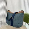 Blue Denim Crescent 42 cm Borsa a tracolla grande di design vintage Borsa a tracolla da donna a mezza luna Borsa a tracolla in pelle di tela