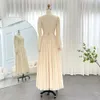 2024 Beige Korte Midi Arabische Avondjurk met Riem Vierkante Hals Lange Mouwen Theelengte Dames Prom Formele Partij jassen Robe De Soiree