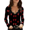 T-shirt da donna Nero Bianco Manica lunga Donna Casual Top Camicia San Valentino Stampa Stampa a contrasto Maniche con scollo a V DonnaDonna