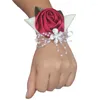 Dekorativa blommor Många stilar handleds Corsage Flower Pe Rose Bride Ribbon Wedding Silk på armbandet han