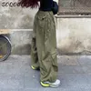 Damenhose Caprihose Hippie Y2K Cargohose Damen Niedrige Taille Jogginghose Kordelzugtaschen Baggy Hose mit weitem Bein Koreanische Vintage Weiße Fallschirmhose 230417