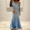 2024 Elegante cielo blu celebrità vestito da ballo donne al largo della spalla lunghe paillettes perline maniche lunghezza del pavimento abiti da sera formali di compleanno Robe De Soiree