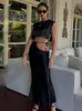 Two Piece Dress Fashion Tie Maxi Skirt Set Black Sleeveless Crop Blouse and Long Outfit Satin Vacation Beach Party Club 230418