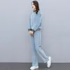 Women's Two Piece Pants 2023 Fall Winter Fashion Velvet Suits Stand-Up Collar Letter Pullover Tracksuits Ladies Two-Piece Casual