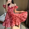 Vestidos casuales de mujer con cuello en V y volantes sin mangas de cintura alta con estampado plisado de flores vestidos cortos XSSML