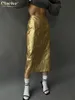 Rokken clacive mode slanke gouden damesrok elegant chic high taille midi rokken streetwear vintage faldas rok vrouwelijke kleding 230503