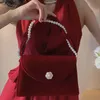 Evening Bags Vintage Red Velvet Women Shoulder Bag Pearl Chain Ladies Tote Underarm Bags Elegant Female Clutch Purse Handbags Christmas Gift 231117