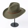Berets Felt Fedora Hat For Women And Men Classic Vintage Wide Brim Winter Panama With Belt-Buckle Black Coffee Green Color