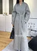 Women's Wool Blends Highend Light Gray Lengthened Xlong Doublesided Woolen And Cashmere Coat Tall Women Collarless Bathrobe Loose Maxi Lace Up 231118