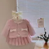 Clothing Sets Autumn Girls' Temperament Kids' Pocket Long sleeved Cardigan Button Coat pleated Skirt 2pcs Princess Clothes Suit 231117