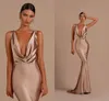 Elegant Simple Champagne Plus Size Mermaid Bridesmaid Dresses Deep V Neck Pleats Draped Formal Gowns Wedding Guest Party Maid of Honor Gowns Custom Made
