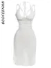 Casual Dresses Boofeenaa Hollow Crochet Knit White Summer Dress Womens 2023 Street Fashion Sexy Halter Backless Split Midi C87-CH19