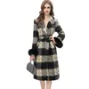 Women's Coat Notched Collar Fur Long Sleeves Sequined Plaid Lace Up Fashion Outerwear Trench Coats