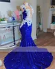 Élégants robes de bal de bal à sequins bleu royal pour les filles noires o cou sier sier applique sirène robe de queue