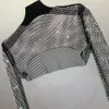 Kadın T-Shirt Yaz Kadın Kristal Glitter Kısa Fishnet Y2K Üstler Parlak Elmaslar Uzun Sleeve T-Shirts Shawl Seksi Parti Kulübü Giysileri 230418