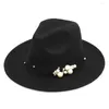 Beradas Mistdawn Feminina Lã Mistura de Lã Panama Hat Wide Brim Fedora Cap miçangas Flor Black Elastic Band Tamanho 56-58cm