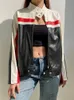 Women's Leather Faux SUCHCUTE Motorcycle Contrast Stripe Print PU Jackets Punk Style O Neck Jacket Zip Up Moto Biker Women Street Clothes 230418