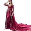 Elegancka arabska kaftan burgundowa syrena wieczorowe sukienki z odłączanym pociągiem z przodu rozdzielenie długiego rękawów satynowe sukienki z imprez