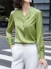 Bluzki damskie Zielona bluzka Kobiety 2023 Wiosna jesienna panie moda koreańska satyna v szyja biała bluzka z długim rękawem eleganckie vintage