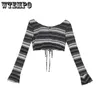 Women's T-Shirt Y2k Top Women's T-shirt Short Slim Top Long Sleeves Black and White Stripes Irregular Cardigan Straps Reversible Drop 230418