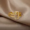 Bant halkaları içi boş dikdörtgen zirkon halkalar için ayarlanabilir açık paslanmaz çelik altın renk parmak yüzüğü çift mücevher hediye anillos mujer aa230417
