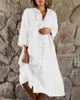 Robe longue en coton et chanvre pour femmes, couleur unie, décontractée, col debout, boutons, nouvelle collection 2023