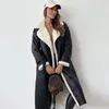 Fur Leather Long Jacket Women Belt Lambswool Long Sleeve Turndown Collar Pocket Female Coat Autumn Winter Lady Overcoat