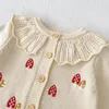 Rompers INS Spring and Autumn Infant Toddler Girl Baby Set Embroidered Lotus Collar Knitted Top Strap Romper 2 piece 231117