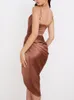 Casual Dresses Elegant Spaghetti Straps Satin Midi For Women Outfits 2023 Sexig Summer Pil Collar Ruched Split BodyCon Club Party Dress